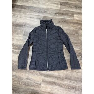 Guess Puffer Jacket Women's Small Black Quilted Chevron Zip Up Heart Logo Y2K